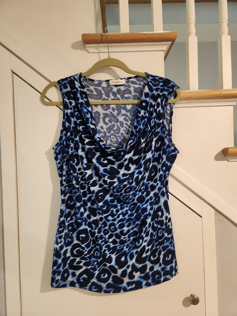 Calvin Klein Blue Leopard Animal Print Cowl Neck Sleeveless Top Fits XL